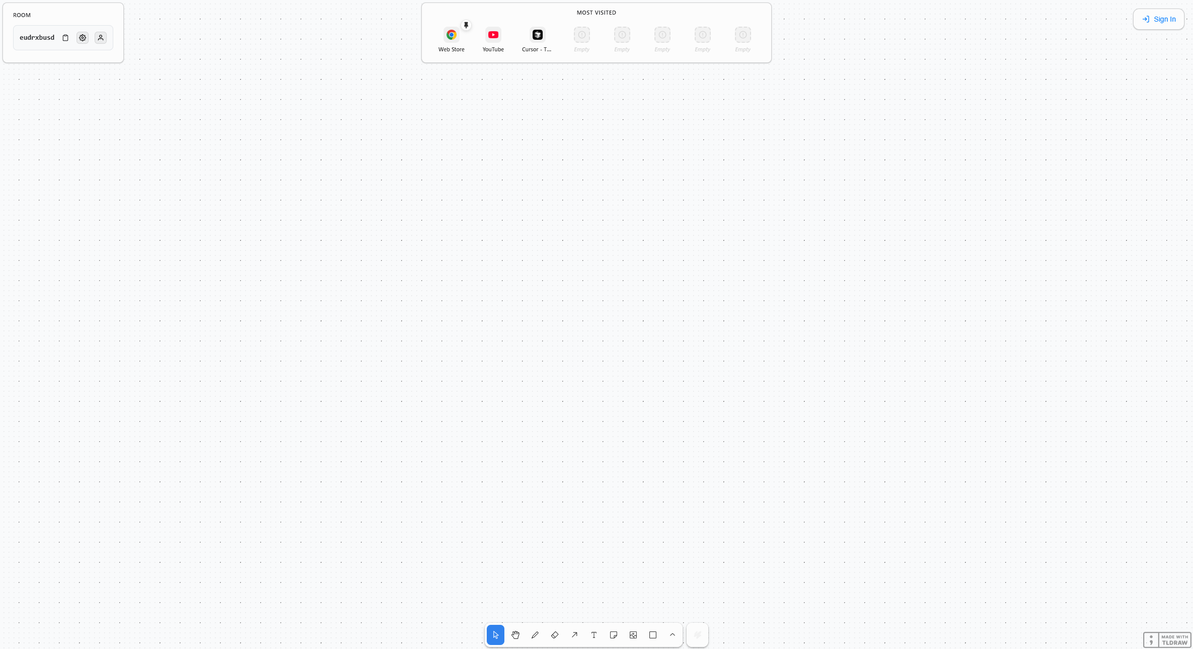 New tab page interface showing room and most visited sections